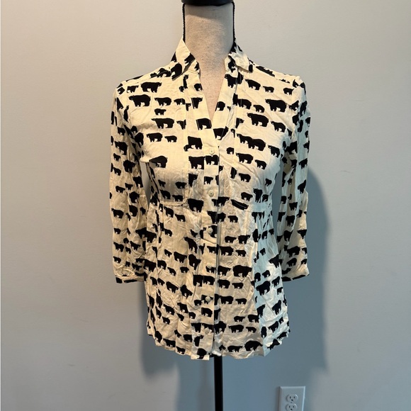 Anthropologie Maeve Woodland Walk Bear Print Button Down Blouse Shirt Women’s 0 - Picture 8 of 8